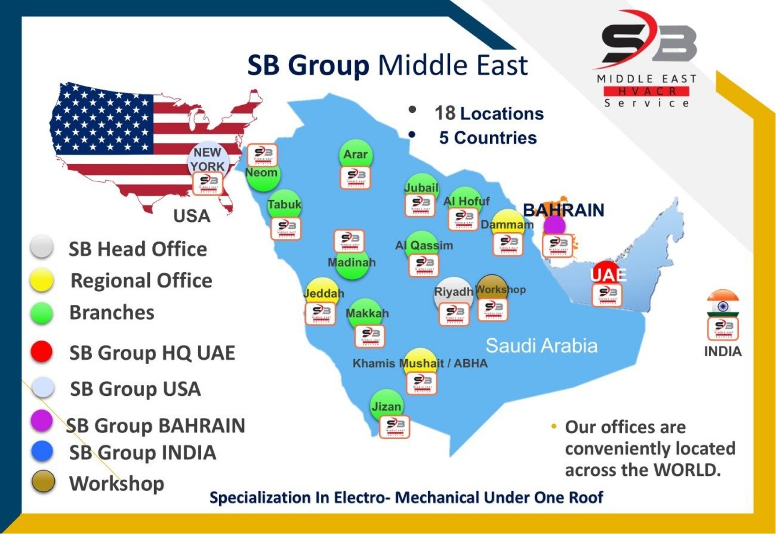 SB Group Middle East coverage map — 18 locations across 5 countries